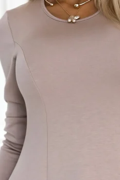 Discount Wygodna ukienka trapezowa z długii rękawai - beżowa Sukienki|Midi