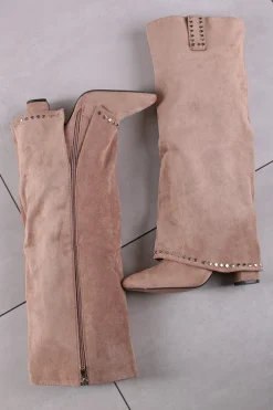 New Wysokie buty na grubym obcasie India - beżowe Kozaki|Botki