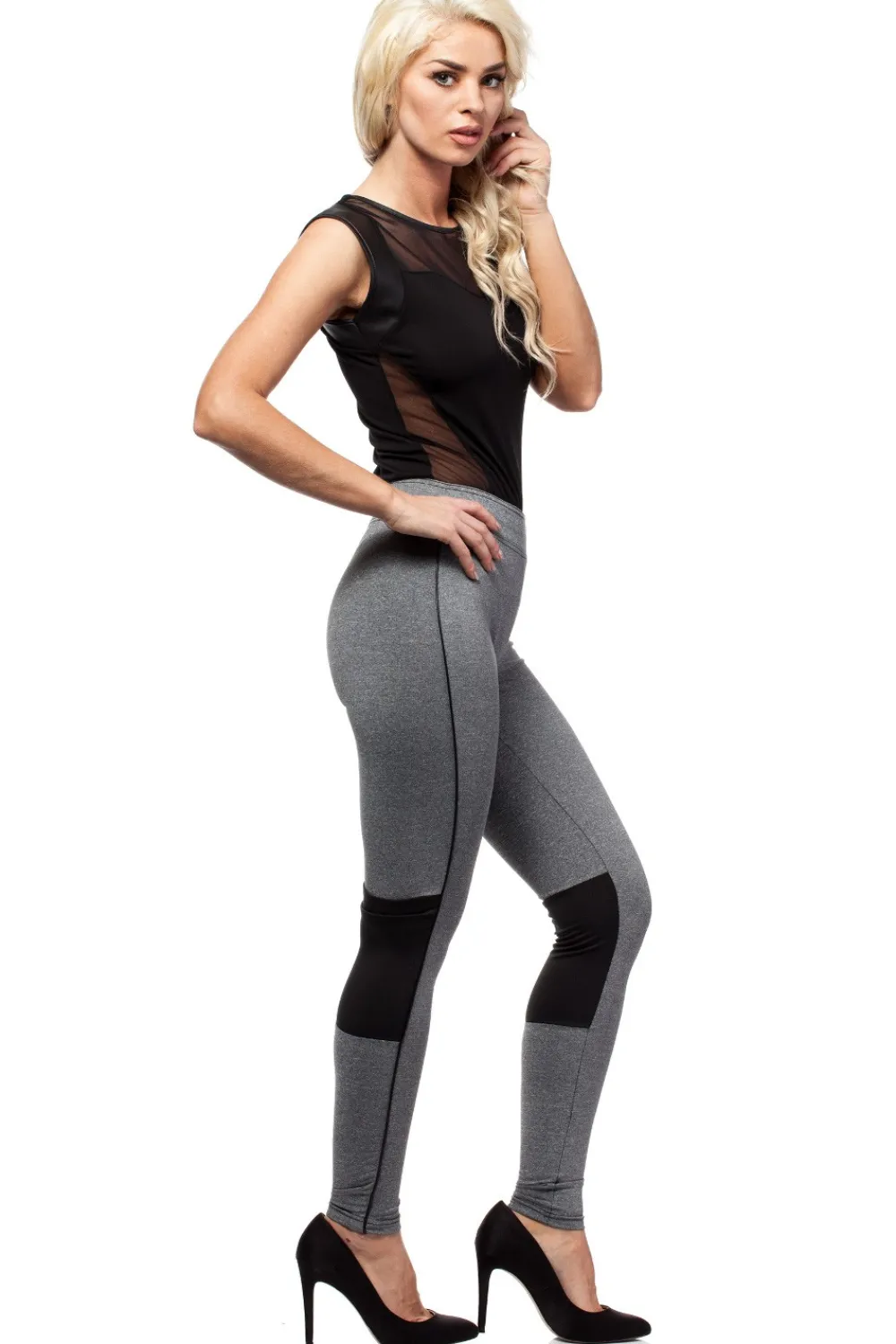 Best Wyszczuplające legginsy ze wstawką na wysokości kolana - grafitowy-melanż Legginsy
