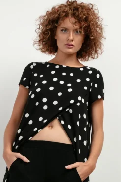 Discount Wzorzyta narzutka tunika - białe grochy Tuniki|Odzież Casualowa