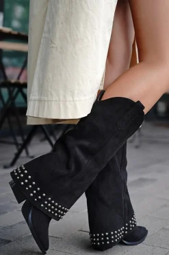 Online Zamszowe wysokie buty z ćwiekami Allie - czarne Kozaki|Botki