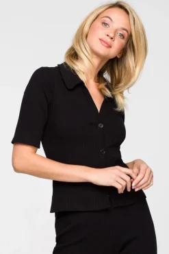 Discount Zapinana buzka z krótki rękawe - czarna Odzież Casualowa|Bluzki