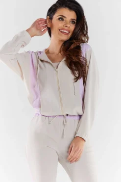 Sale Zauwana buza daka z kapture - beżowo-fioetowa Odzież Casualowa|Bluzy