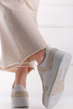 Outlet Złote niskie trampki z dżetami Alesse - biało-złote Sneakersy