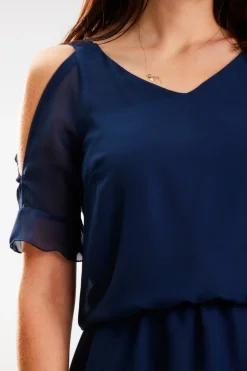 Hot Zwiewna ukienka zyfonowa z guką w paie - granatowa Sukienki